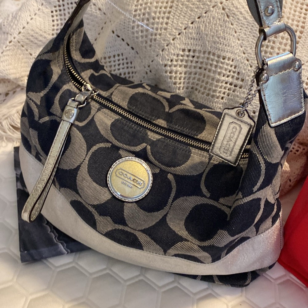 Coach Denim Navy and Silver Shoulder with Signature Monogram. Holiday Sale